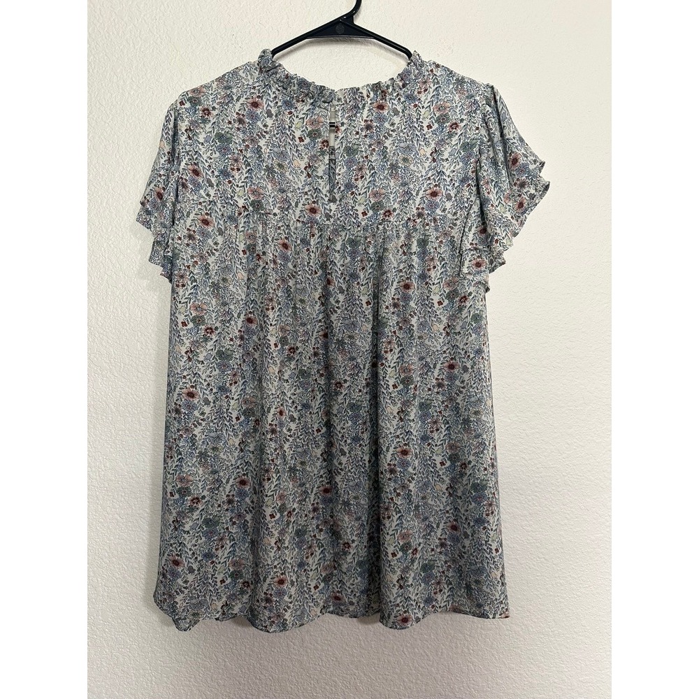 Rose + Olive Floral Ruffle Mock Neck Flutter Sleeve Babydoll Blouse Top 2X - Picture 5 of 5